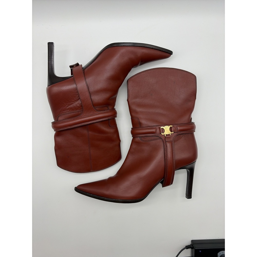 Celine Mahogany Leather Triomphe Ankle Boots Pointed Toe Stiletto DY 1202 41 - Picture 3 of 10